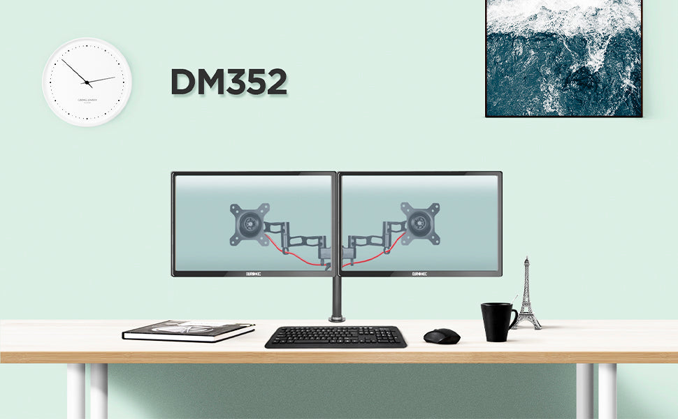 dm352 SR, silver, desk, mount, bracket, stand, support, riser, arm, double, two, twin, duo, dual, office, computer