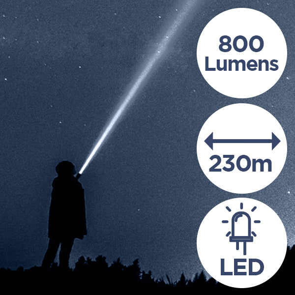 800 lumens, 230 metre range and it has an LED bulb