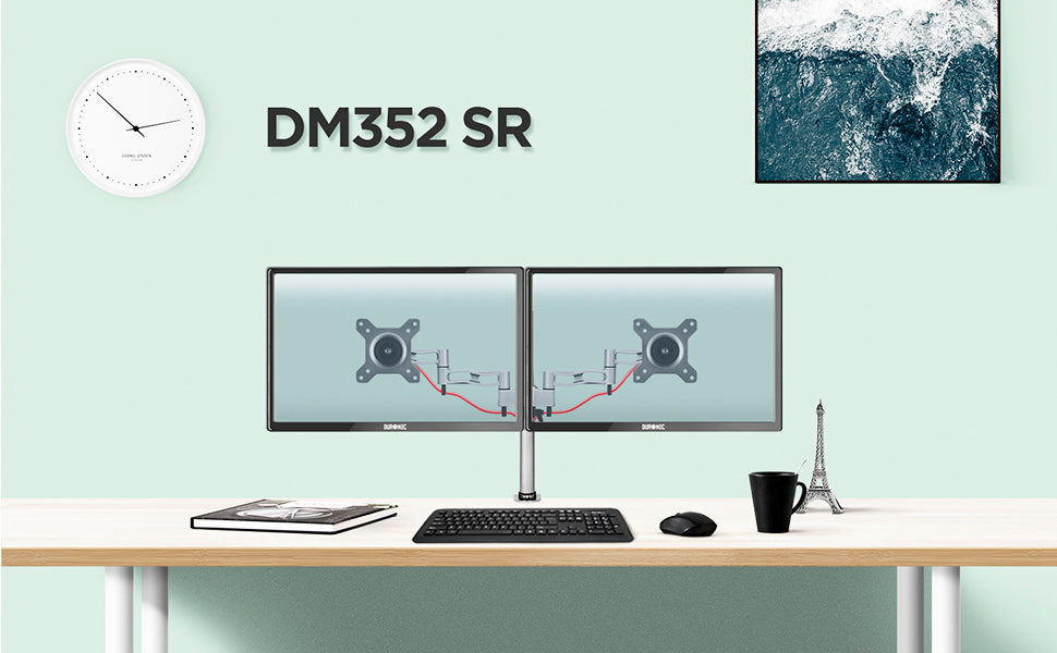 dm352 SR, silver, desk, mount, bracket, stand, support, riser, arm, double, two, twin, duo, dual, office, computer