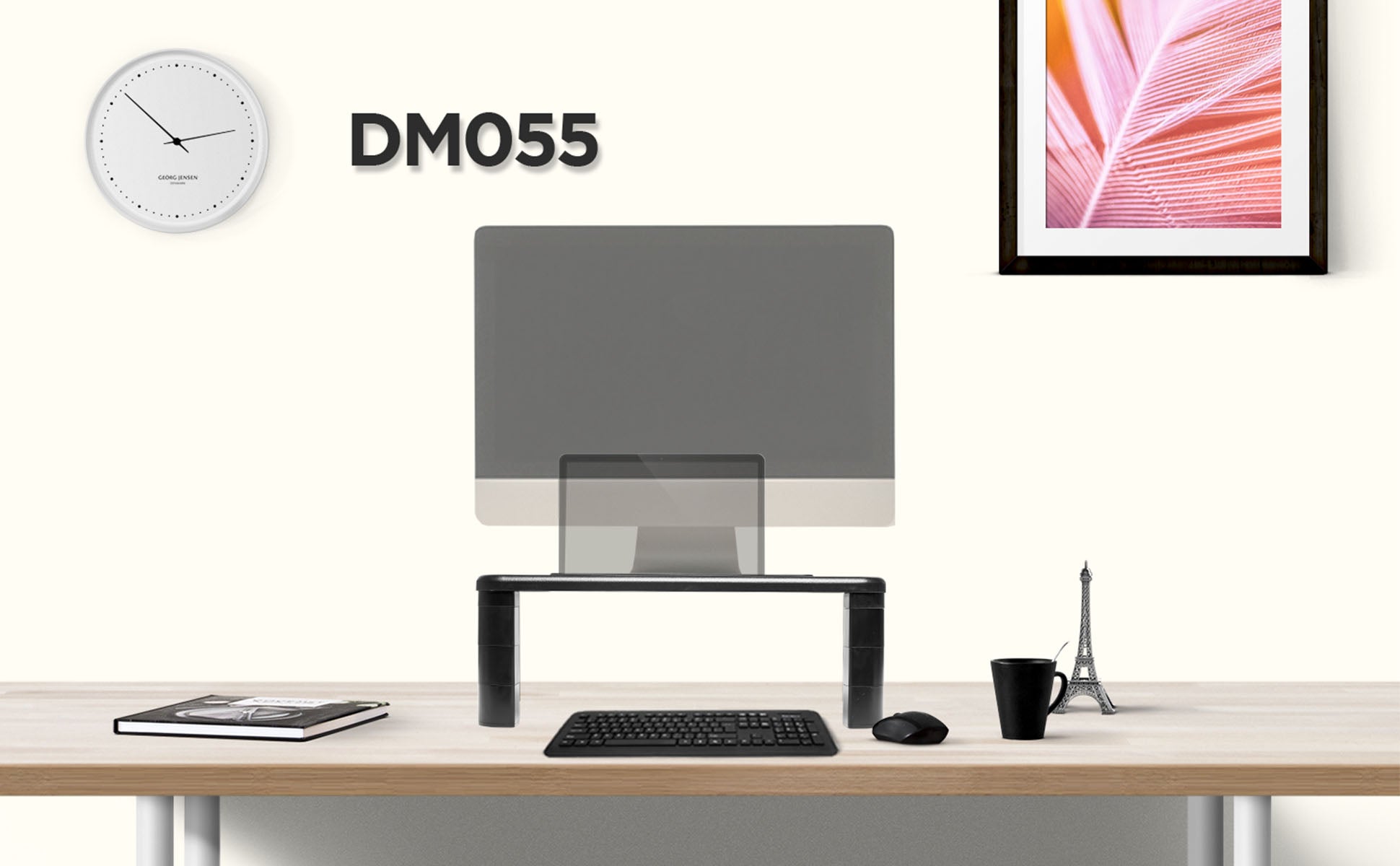 dm055, desk, mount, riser, stand, monitor, screen, computer, laptop, keyboard, tidy, space saver, office