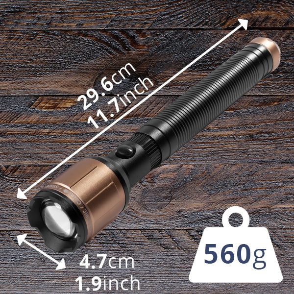 dimensions image showing the size of the flashlight. 29.6cm x 4.7cm. 11.7in x 1.9in. 