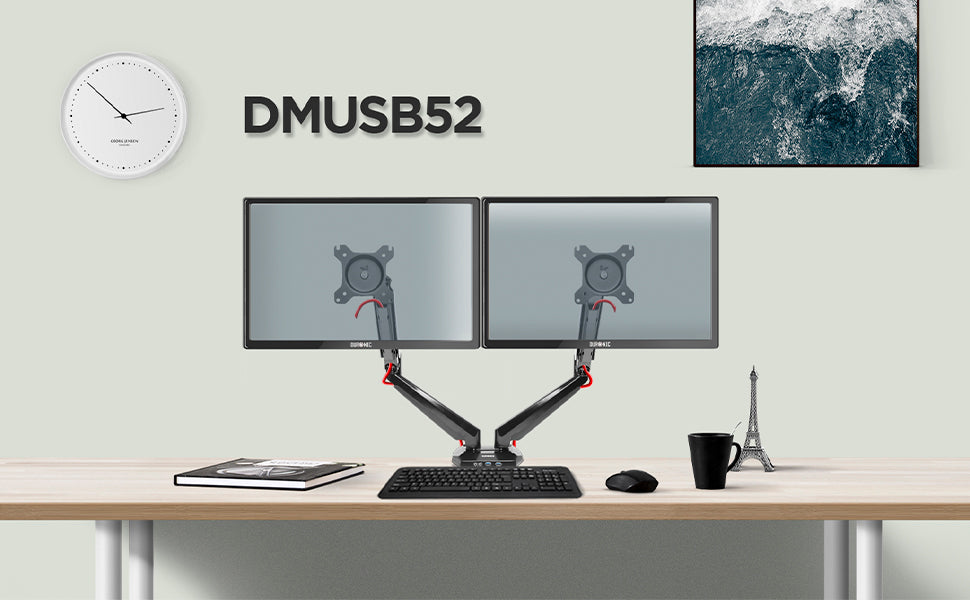 dmusb5x2, silver, desk, mount, bracket, stand, support, riser, arm, double, two, twin, duo, dual, office, computer