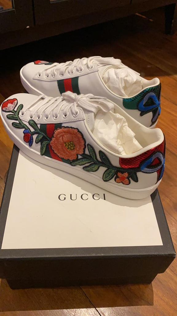 gucci white floral ace sneakers