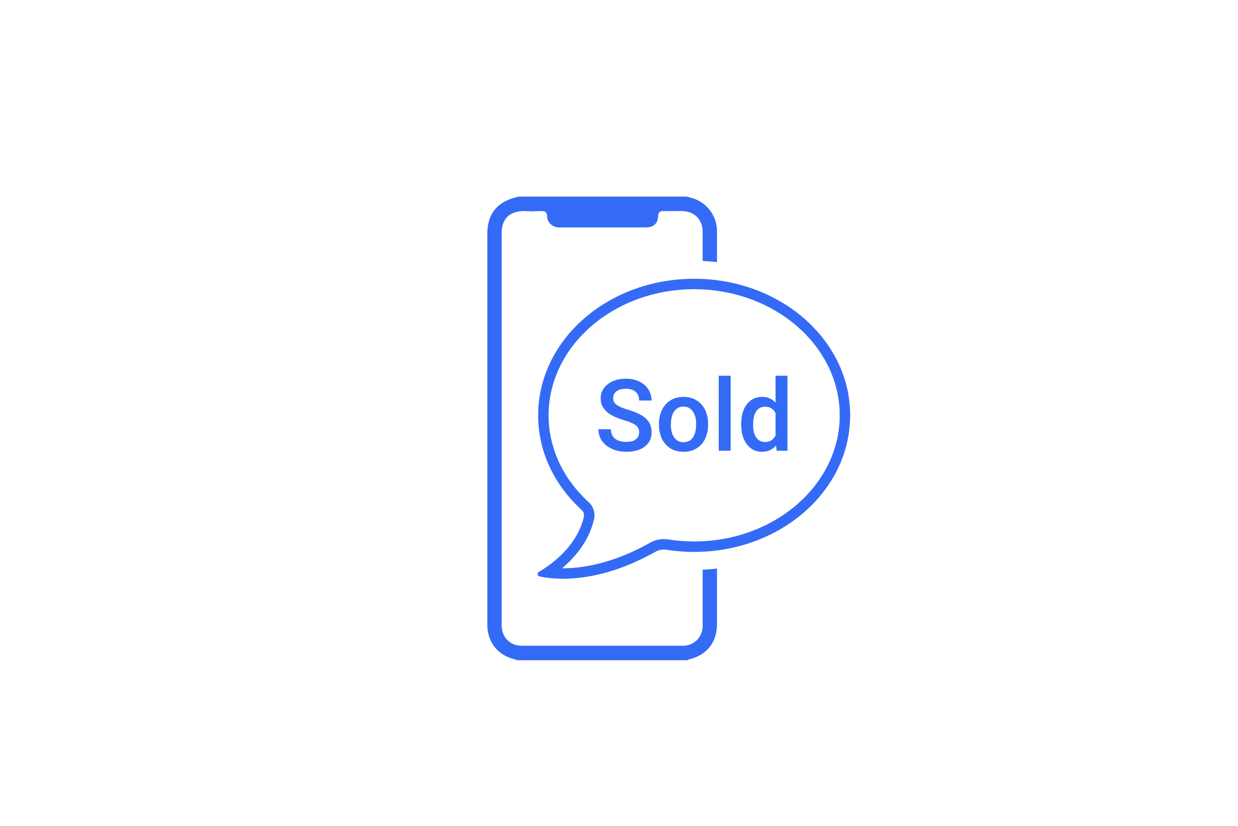 Sell. iPhone with 'Sold' speech bubble inside of it. 