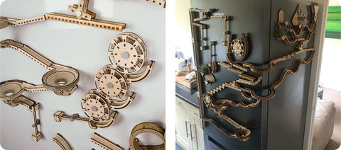 An example track of 'Infinity trax' wooden marble run on a fridge, and a photo of a close up of the marble run.