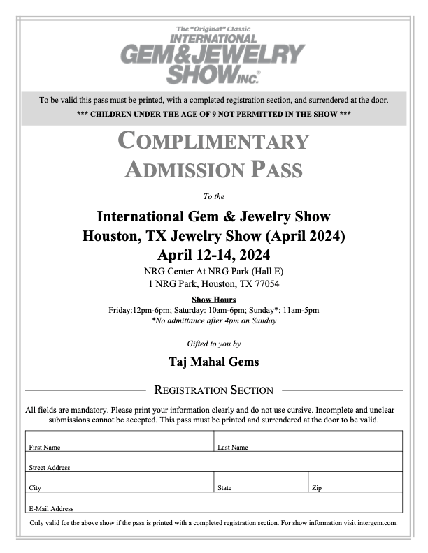 Intergem Houston Gem show free passes April 