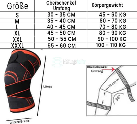 3D Knie-Kompressionsbandage - Größentabelle