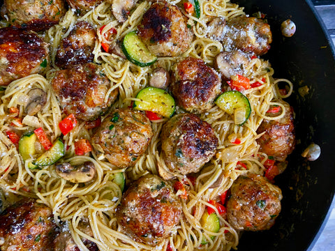 sea asparagus pesto pasta meatballs