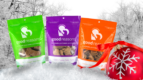 Good Reasons Cheddar Chomps, Tucker's Tummy Ticklin' Turkey and Mr. T's Beef Bone treats in bags set in a snowy winter scene with a red ornament.