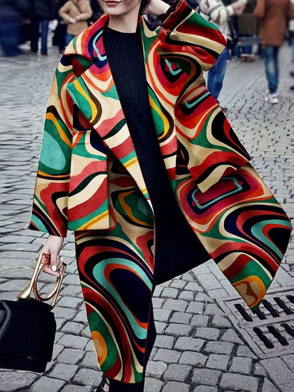 Fashion Turndown Collar Printed Colour Long Sleeve Pocket Coat - Cicicloth