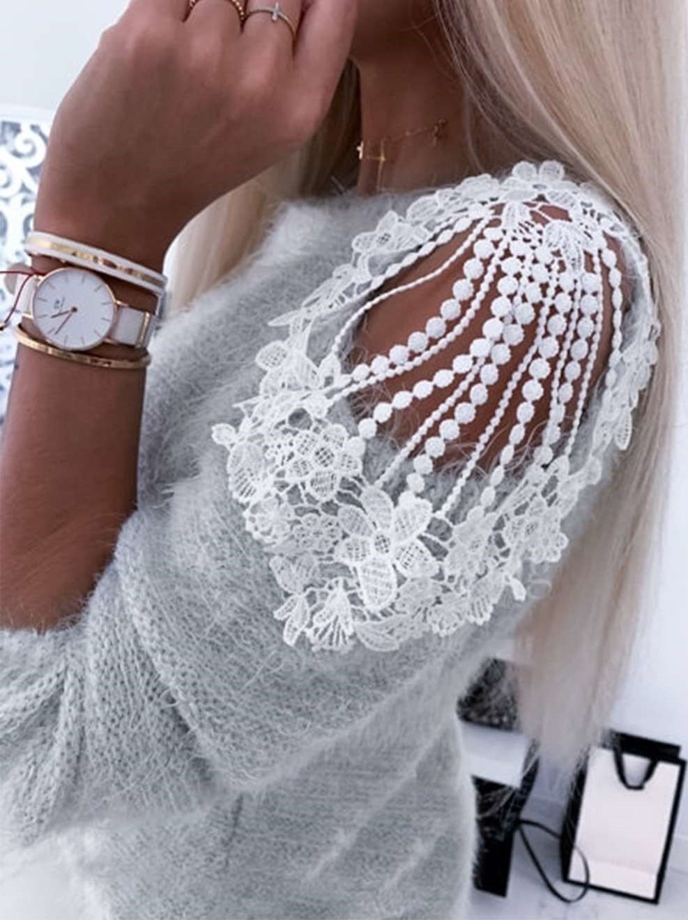 Fashion Plush Knit Off shoulder Lace Long sleeve Sweaters - Cicicloth