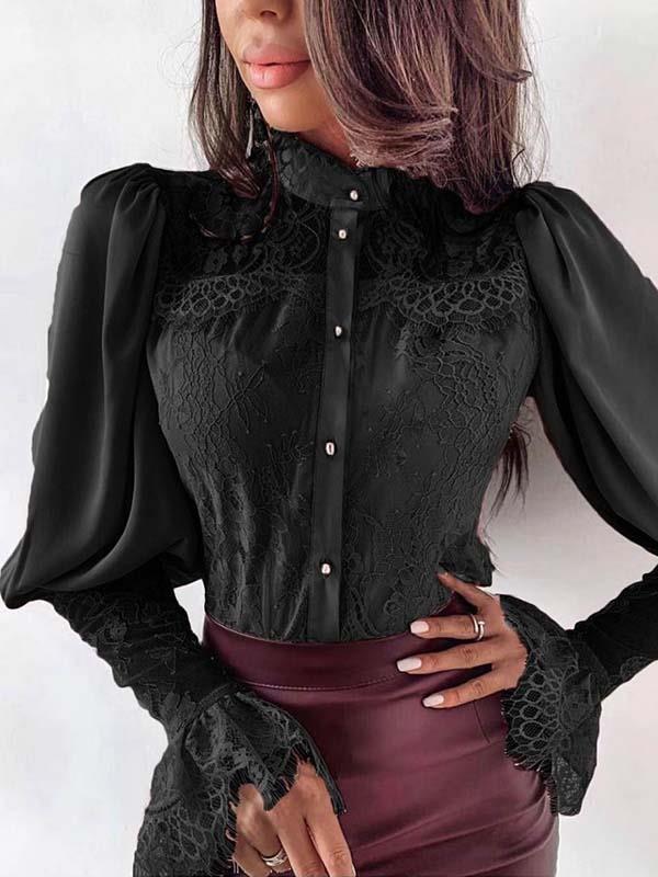 Round neck women lace sexy long sleeve blouses - Cicicloth