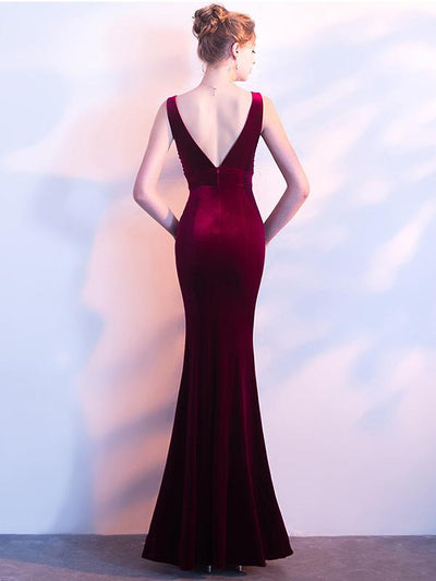 Velvet Sequined Contrast V-Neck Sleeveless Sheath Backless Dresses