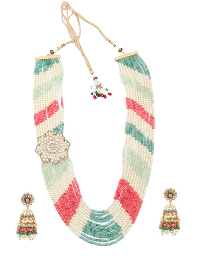 Multicolored Long Necklace Set With Brooch