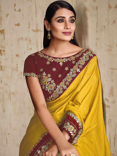 Yellow Tussar Silk Blend Embroidered Saree With Unstitched Blouse Piece