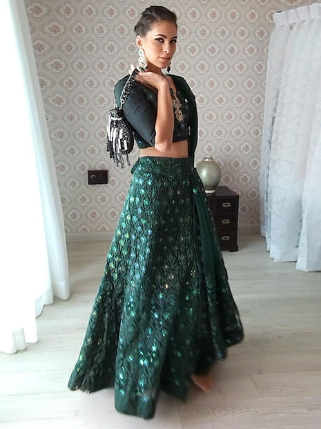 Buy FUSIONIC Pista Green Color Organza Material Sequins Work Lehenga For  Women at Amazon.in