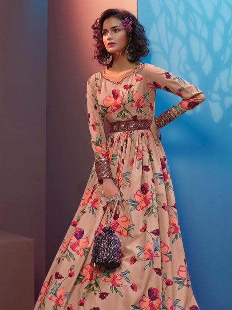 Buy Peach Chiffon Round Floral Print Gown For Women by Pallavi Jaipur  Online at Aza Fashions.