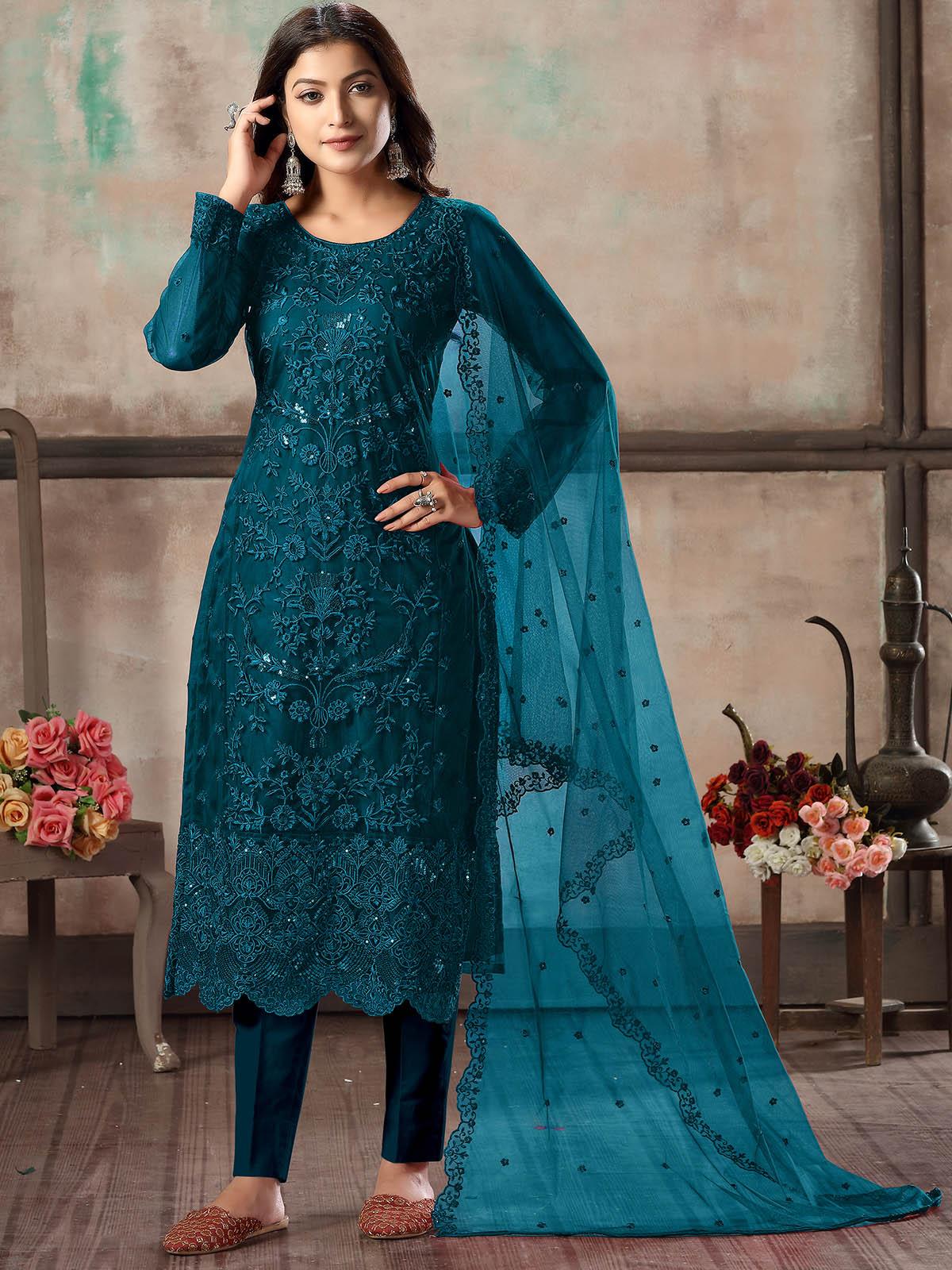 Buy Women's Teal Net Semi Stitched Salwar Suit Online. – Odette
