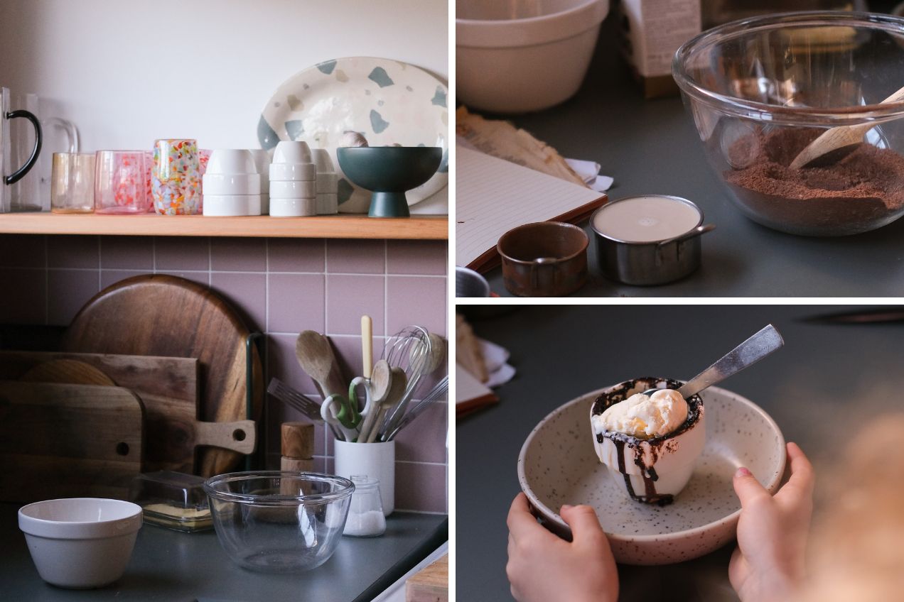 A collage of Acme's Taster Cups being used in the process of making self-saucing chocolate pudding