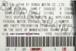 VIN (vehicle identification number) TAG