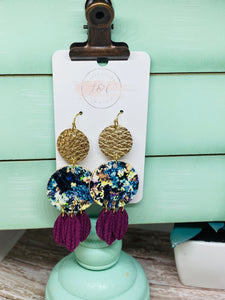 Gold|Under the Sea Cork|Maroon Palm Geo Dangles Earrings #2162 - L&C Inspirations Boutique