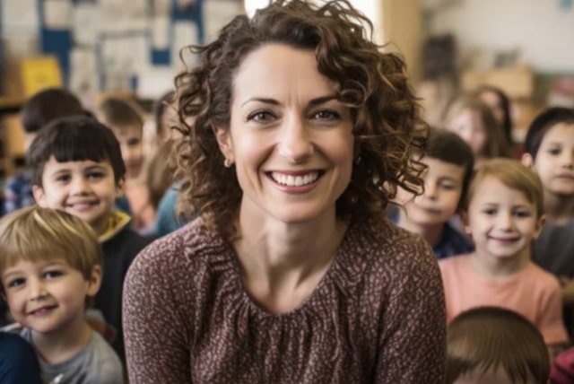 Teacher smiling with children behind her