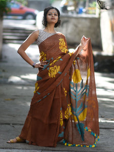 Deserving Dark Brown Colored Festive Wear Pure Linen Designer Saree For Women