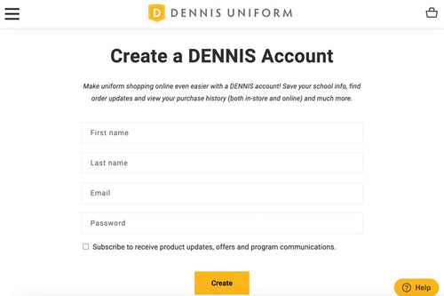 Create a DENNIS account screen shot