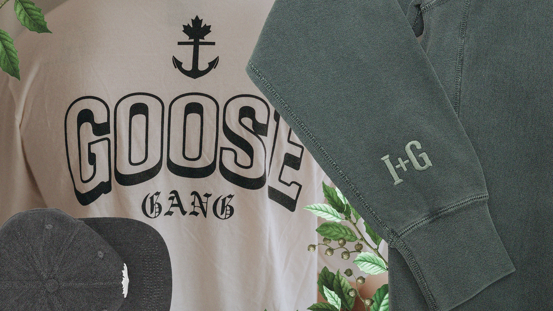 Goose Gang. Green Heavy Sweater & Black Denim Hat