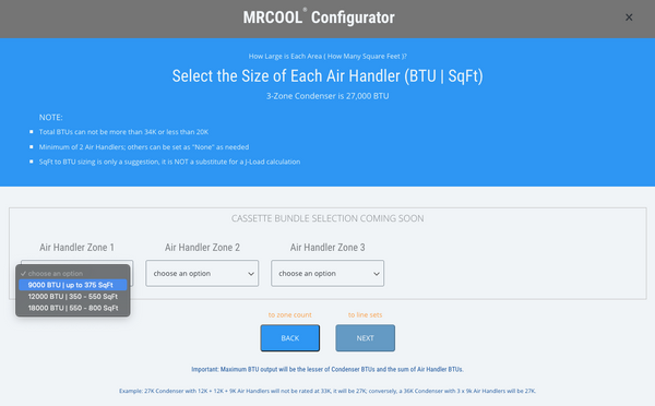 MRCOOL configurator step 2, choose your air handlers.