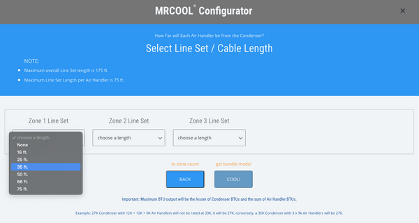 MRCOOL configurator step 3, select your line sets.
