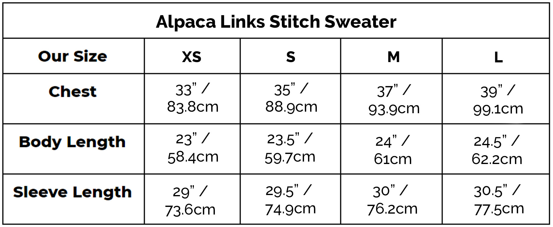Alpaca Links Stitch Sweater Size Guide