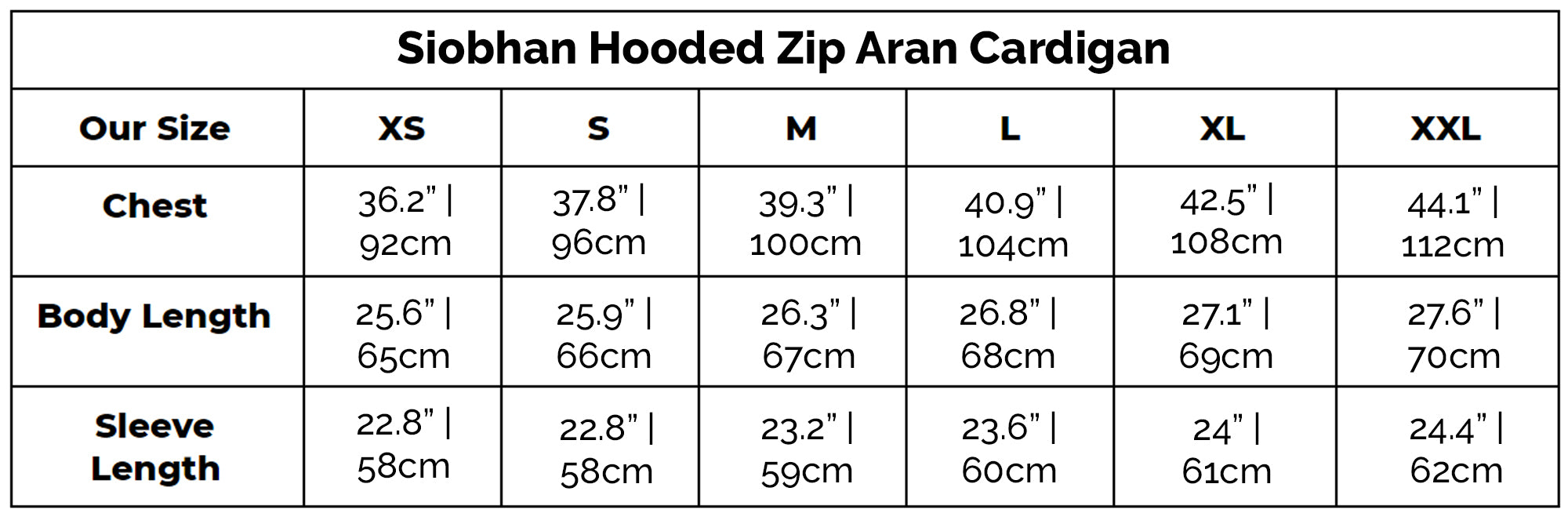 Siobhan Hooded Zip Aran Cardigan Size Guide