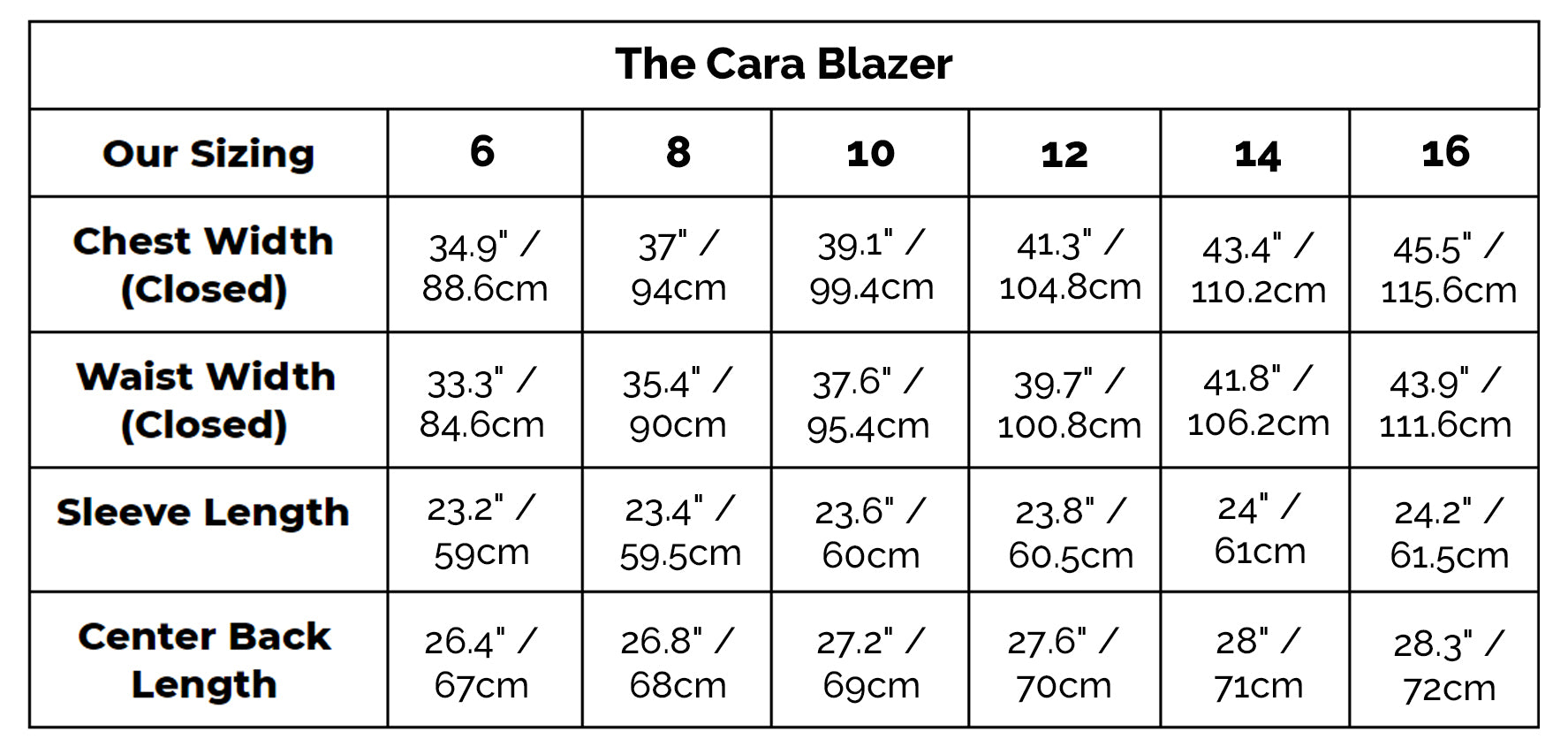 The Cara Blazer Size Guide