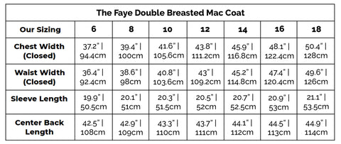 The size guide for the Faye Double Breasted Mac Coat