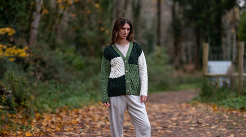 Triona Green Patchwork Knitwear inspired by patchwork fields of Ireland