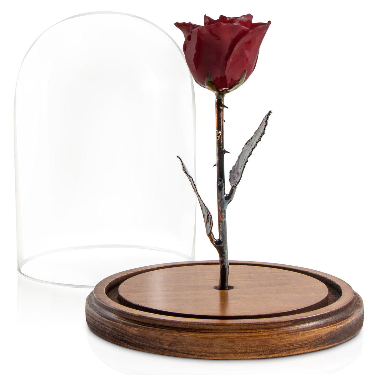 Burgundy Enchanted Rose (aka Beauty &amp; The Beast Rose) with Patina Copper Stem Mounted to A Hand Turned Solid Wood Base under a glass dome.