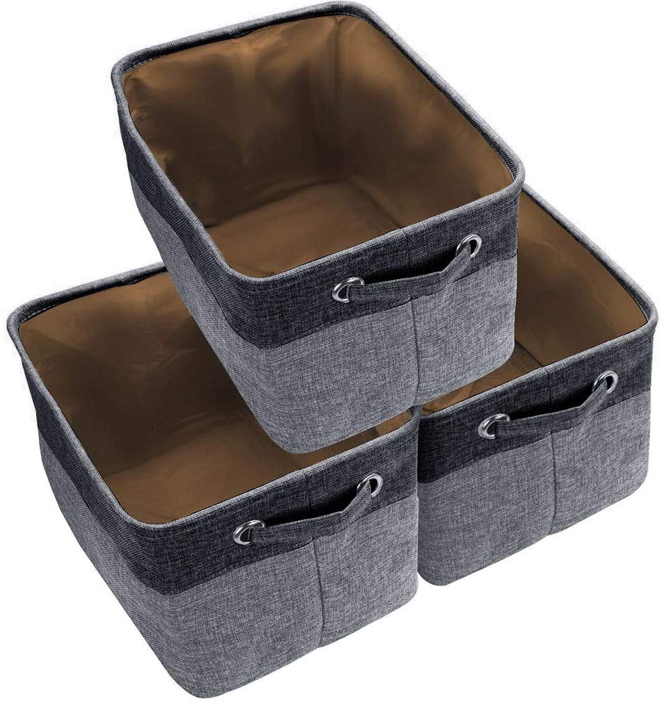 Storage Large Basket Set - Big Rectangular Fabric Collapsible Organizer Bin  Box with Carry Handles (3-Pk Grey/Tan)