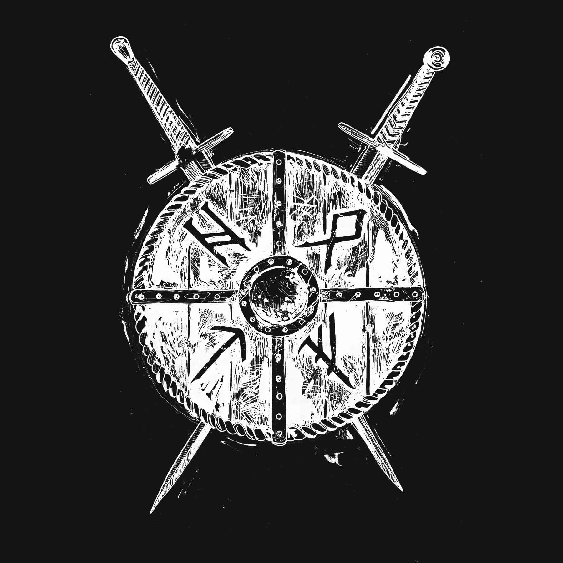 Monochromatic design of a Viking shield crossed with two swords, marked with HOTF runes, nod to the heavy metal objects theme.