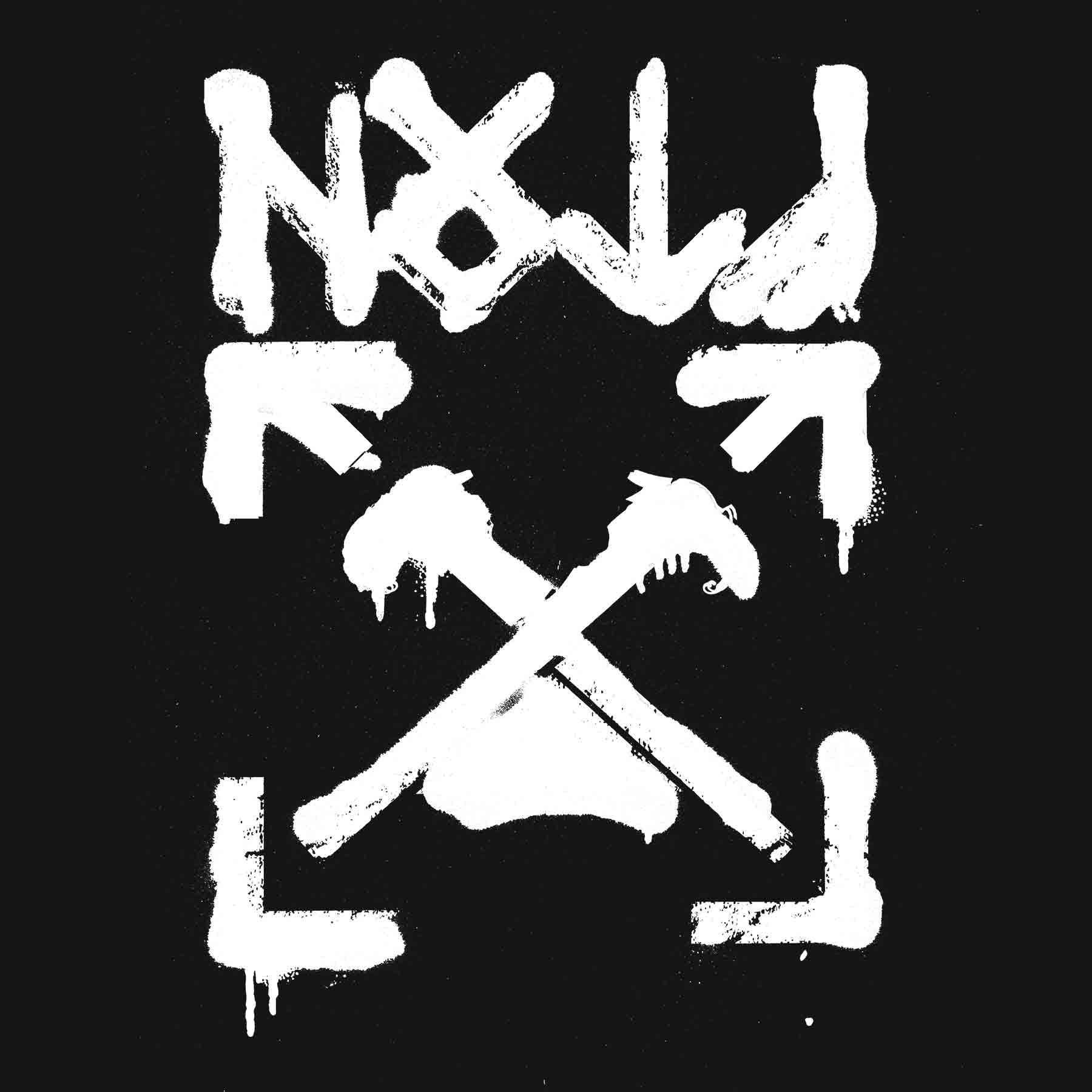 Parody of high-fashion Off-White design featuring reversed HOTF runes and a crossed dragon heads logo, hand-sprayed on a square layout.