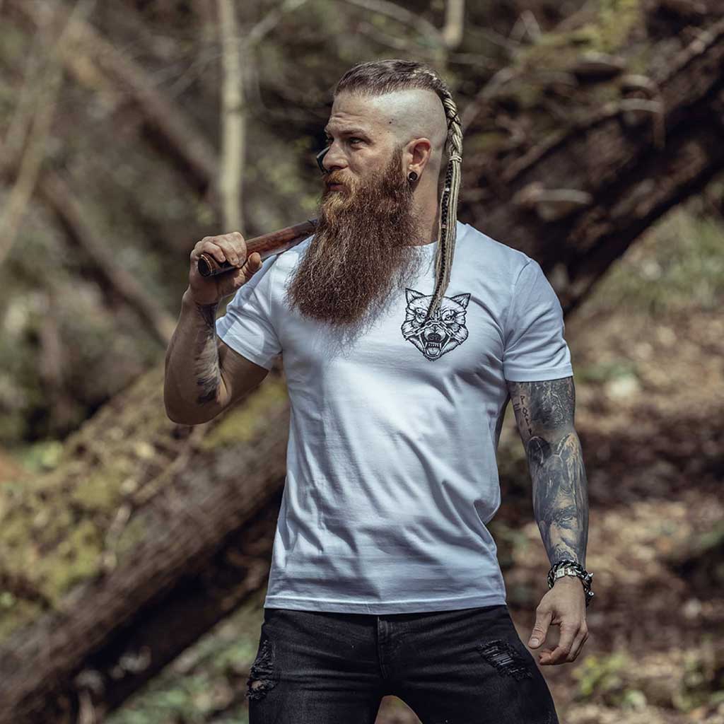 Bold male model donning the White Fenrir Breaker of Chains Pocket Print T-shirt, embodying the strength of the legendary Fenrir wolf