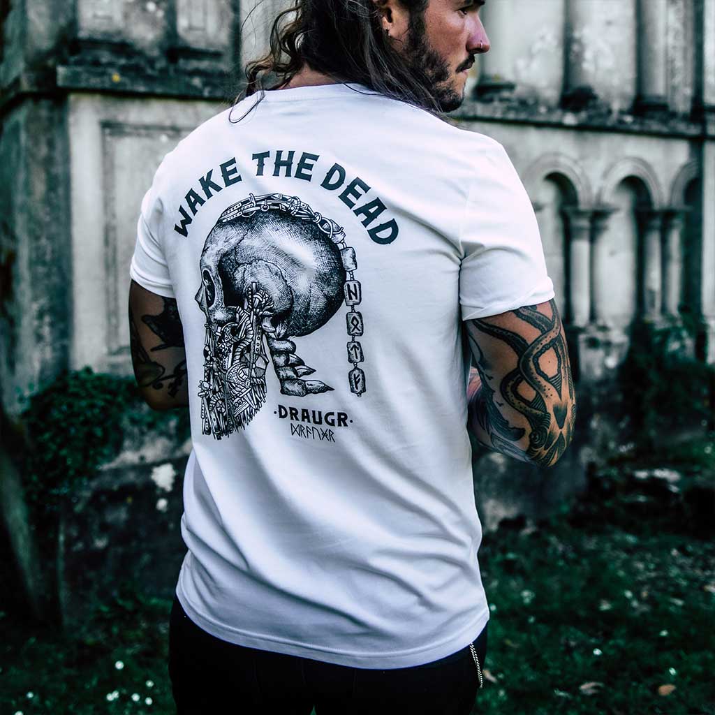 White Draugr Back print tshirt worn by a male model, reflecting the mystique of the undead Viking warrior