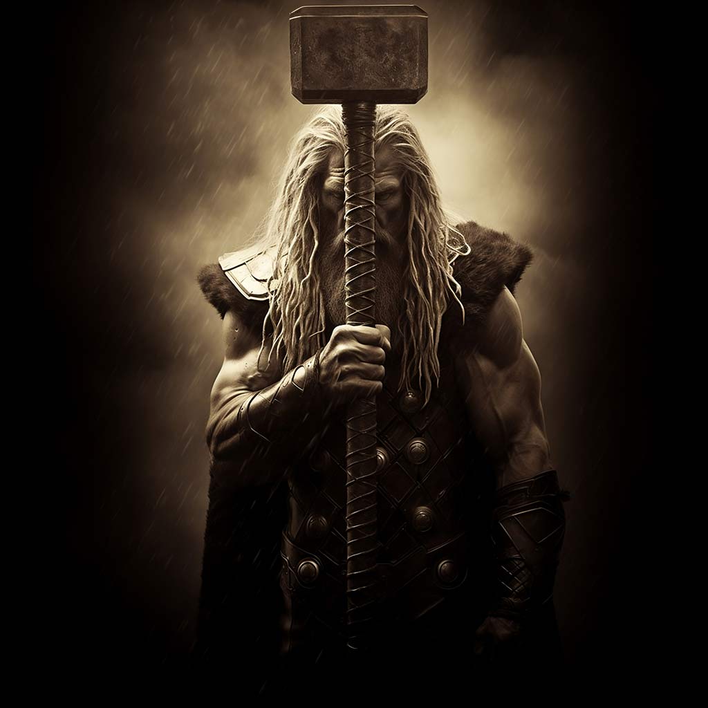 Thor of Norse Mythology holds up his mighty hammer Mjolnir.