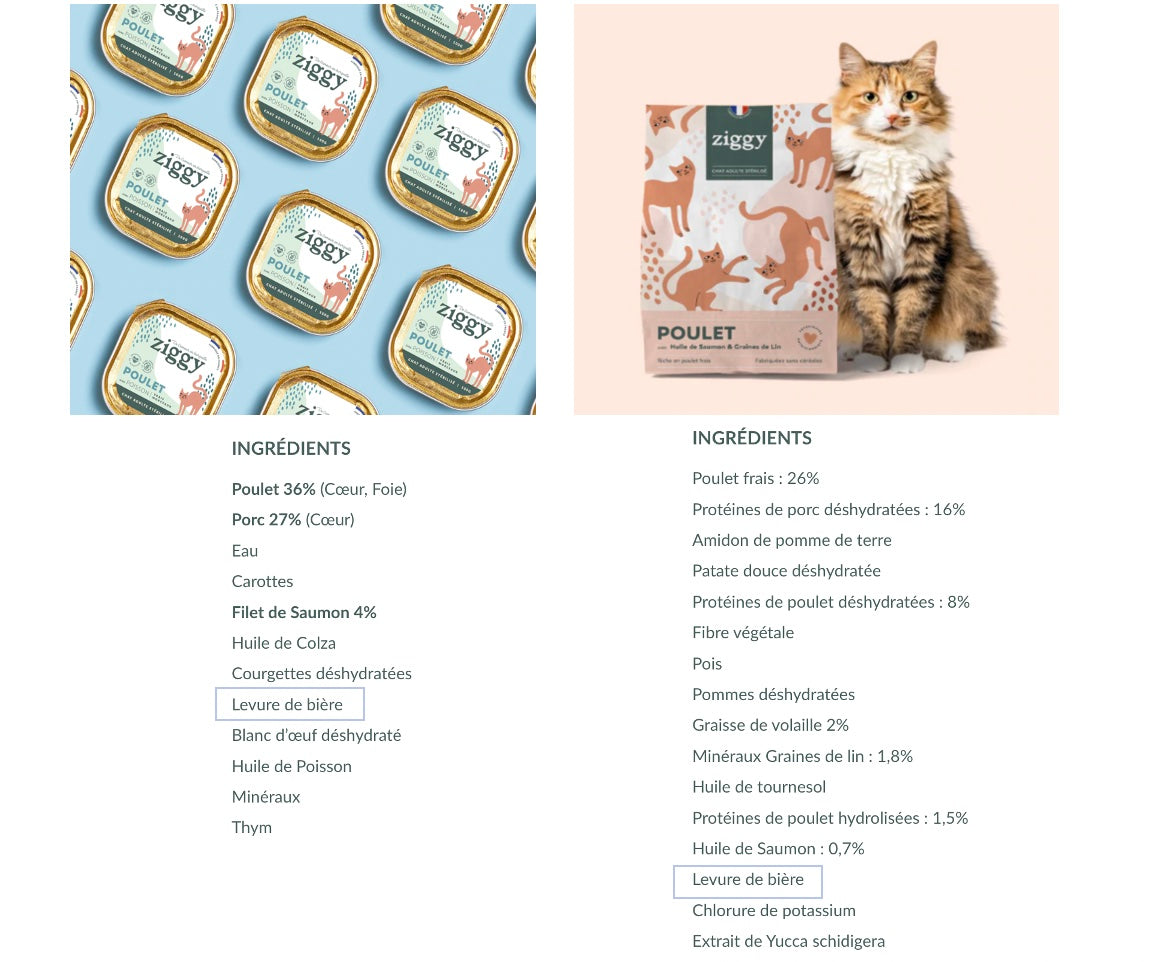 Nos croquettes et pâtées pour chats Ziggy contiennnent de la levure de bière