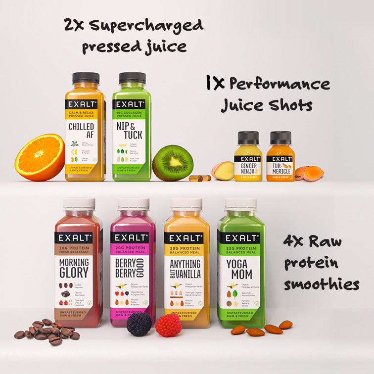 6 colourful bottles of nutritious drinks used in EXALT 5 day cleanse