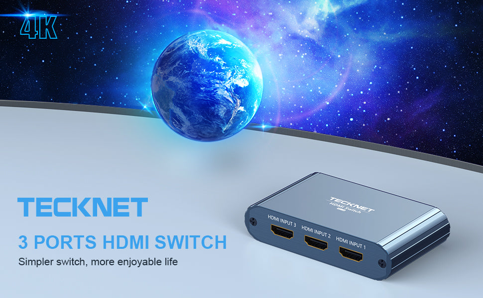TECKNET HDMI Switch, 3 in 1 Out HDMI Splitter Aluminum Manual HDMI Switcher Box