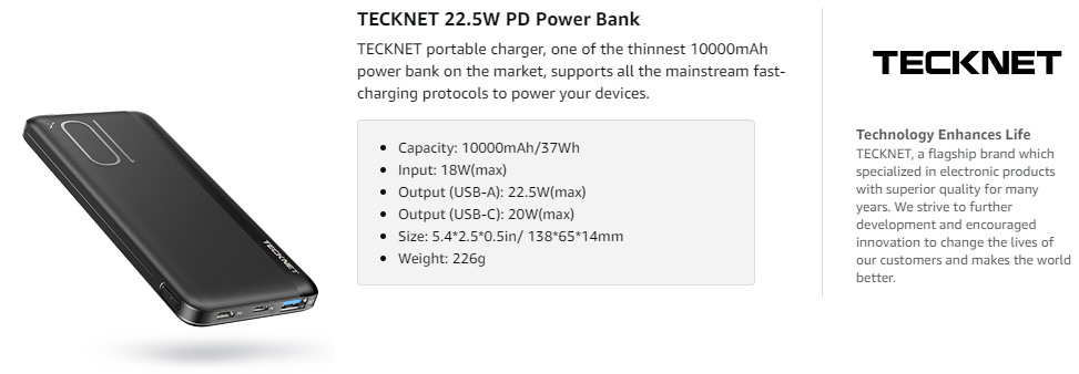 TECKNET Power Bank,20000mAh Powerbank Fast Charging Portable Charger, 22.5W  USB C Powerbank, LED Display Battery Pack With 3 Input/Output for iphone