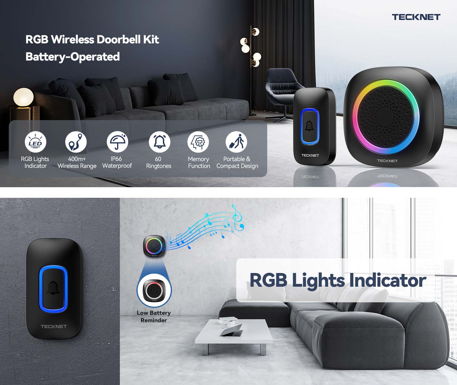 TECKNET Wireless Doorbell, Portable Doorbell with RGB Light, Battery Powered Black