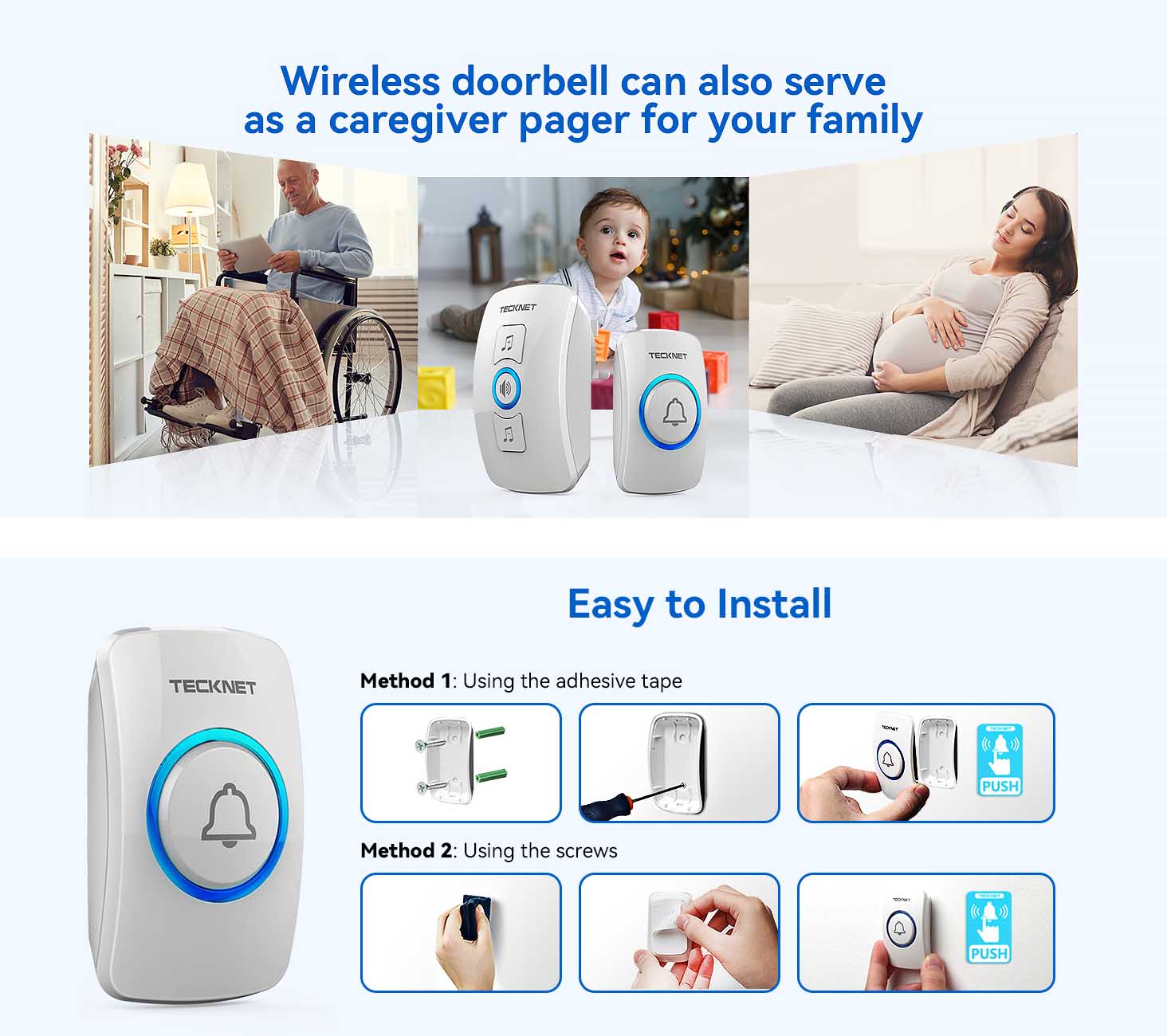 Waterproof Wall Plug-in Door Bell Cordless Chime Kit, easy to install