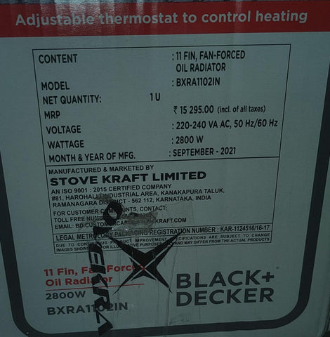Black & Decker BXRA1102IN 11 Fin Oil Filled Room Heater (2800 watt)